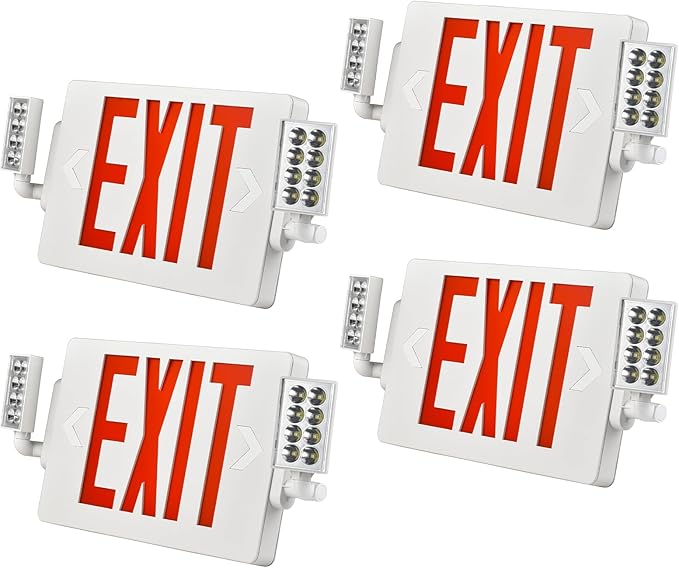 Double Sided LED Emergency EXIT Sign Combo, Two LED Lights, Backup Battery, US Standard Red Letter Emergency Exit Lighting, Commercial Grade, 120-277V, Fire Resistant (UL 94V-0)