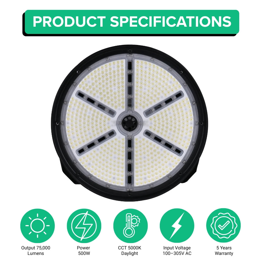 500W LED stadium flood light specifications showing 75,000 lumens, 5000K daylight and 100-305V input