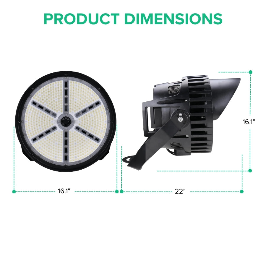 500W LED stadium light dimensions showing 16.1 inch diameter and 22 inch length