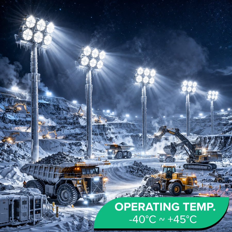 500W LED stadium light operating in extreme temperatures from -40°C to +45°C outdoor environment