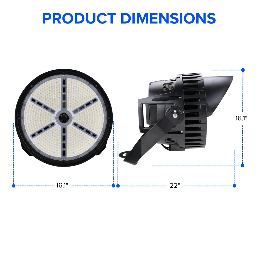 500W LED Stadium Light dimensions showing 16.1 inch diameter and 22 inch length
