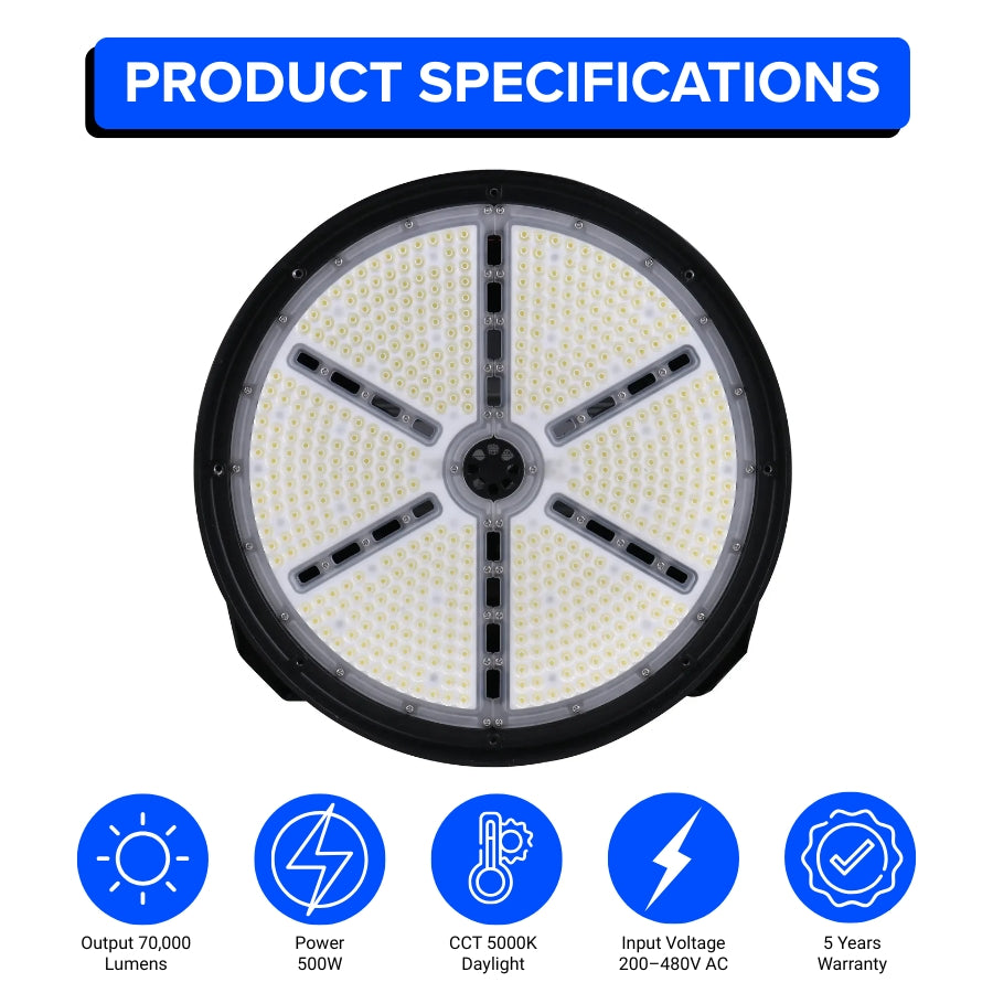 500W LED Stadium Light specifications showing 70,000 lumens, 5000K daylight and 200-480V input