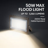 50W max flood light emitting bright light on a dark background with text detailing its specifications.