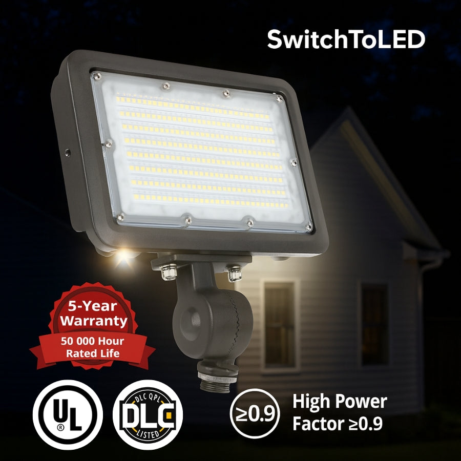 LED flood light with 'SwitchToLED' branding, house in the background, and certification logos.