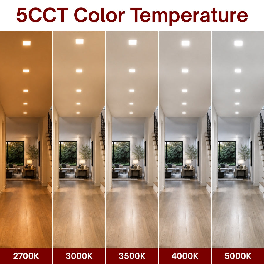 Square LED recessed ceiling light with selectable color temperatures from 2700K to 5000K for customized room lighting.