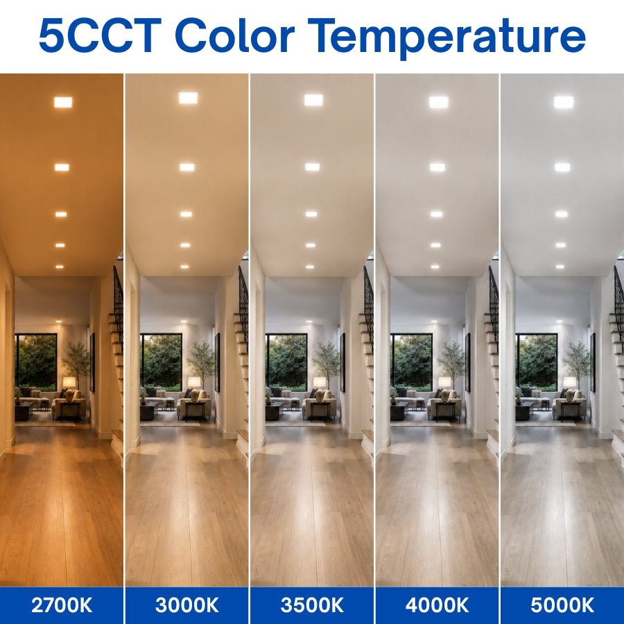 Square LED recessed ceiling light offering selectable color temperatures from 2700K to 5000K for customized illumination.
