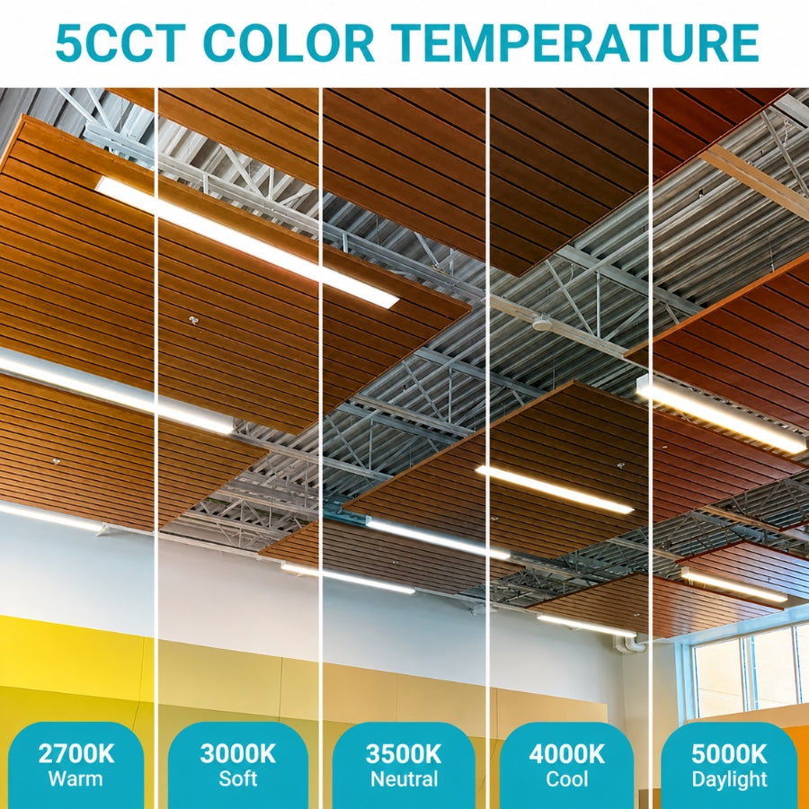 LED linear lighting showing five selectable color temperatures from warm 2700K to daylight 5000K in an indoor setting.