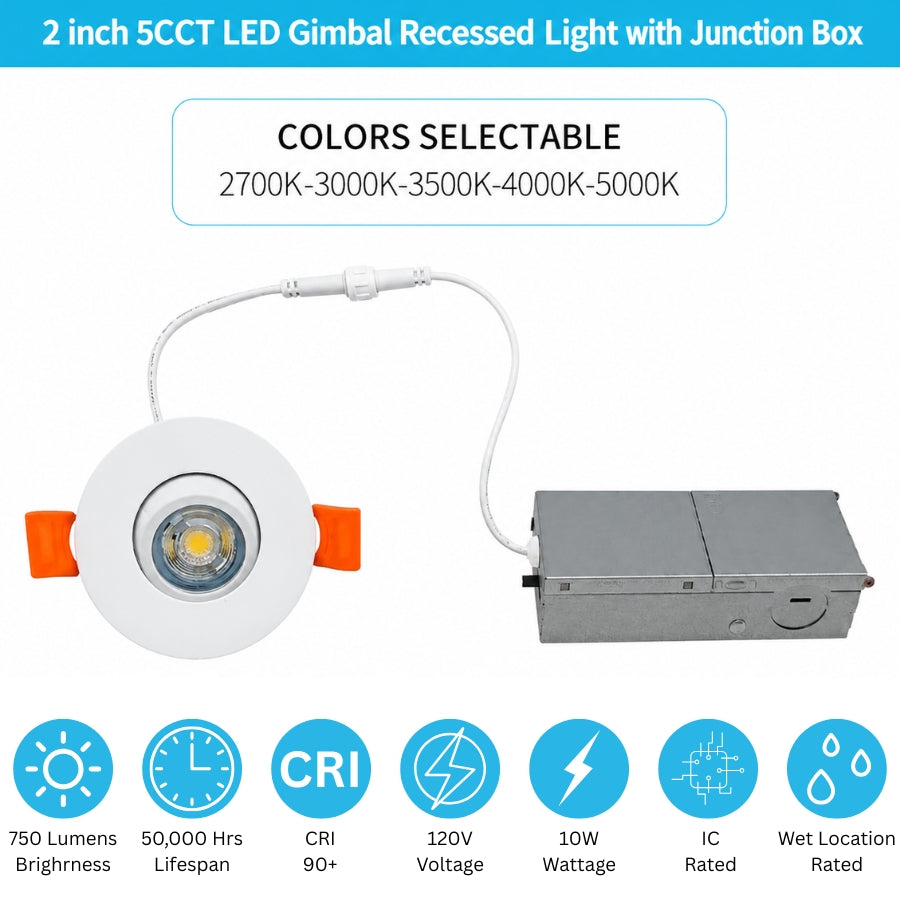 2-inch LED gimbal recessed light featuring five selectable color temperatures from 2700K to 5000K, CRI 90+, and 750 lumens.