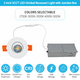 2-inch LED gimbal recessed light featuring five selectable color temperatures from 2700K to 5000K, CRI 90+, and 750 lumens.