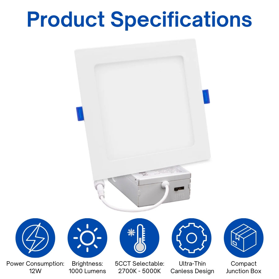 6-inch square LED recessed light with 5 selectable color temperatures, 1000 lumens output, and compact junction box.