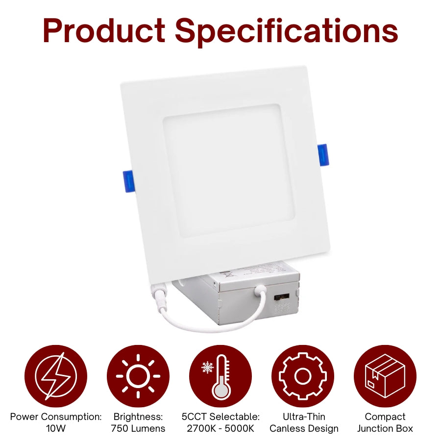 4-inch square LED recessed light featuring 5CCT color selection, 750 lumens brightness, and ultra-thin canless construction.