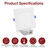 4-inch square LED recessed light featuring 5CCT color selection, 750 lumens brightness, and ultra-thin canless construction.