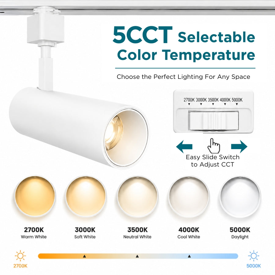 LED track light with slide switch for selecting 2700K, 3000K, 3500K, 4000K, or 5000K color temperatures.