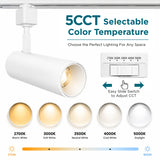 LED track light with slide switch for selecting 2700K, 3000K, 3500K, 4000K, or 5000K color temperatures.