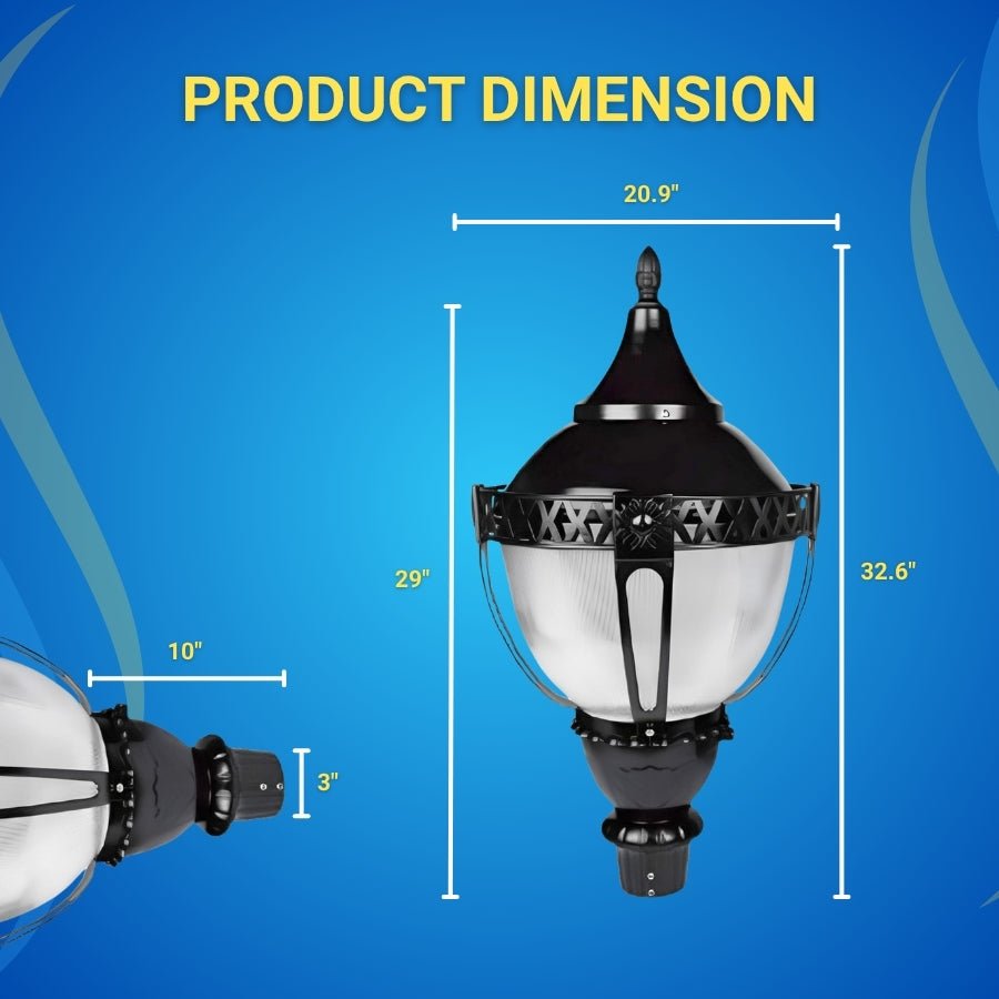 3-Way Post Top LED Acorn Light Fixture - Selectable 60W/50W/30W, 3K/4K/5K CCT, AC100-277V - Black T5 3" Pole Mount, Waterproof PC Cover, Small Housing, Vintage Style Exterior Lantern with Photocell Option for Driveway, Front Yard, Garden