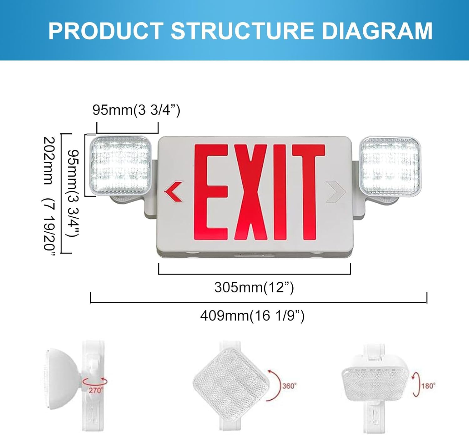 Double Sided LED Emergency EXIT Sign, Remote Capable, Two LED Flood Lights, Backup Battery, US Standard Red Letter, Commercial Grade, 120-277V, FireResistant(UL 94V-0)