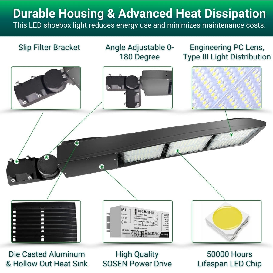 450W Outdoor LED Lights, 5000K 58500LM LED Parking Lot Light, Shoebox Light Fixture, IP65 Waterproof Area Flood Light, DLC UL Listed, 100–277V