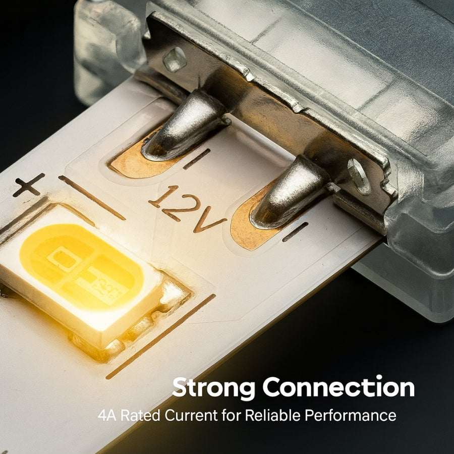 PCB-to-PCB 2-Pin Solderless Connectors for 10mm Single Color LED Strip Lights – CE Certified, IP20, 4A Rated, Easy Snap-On, Seamless End-to-End Connection