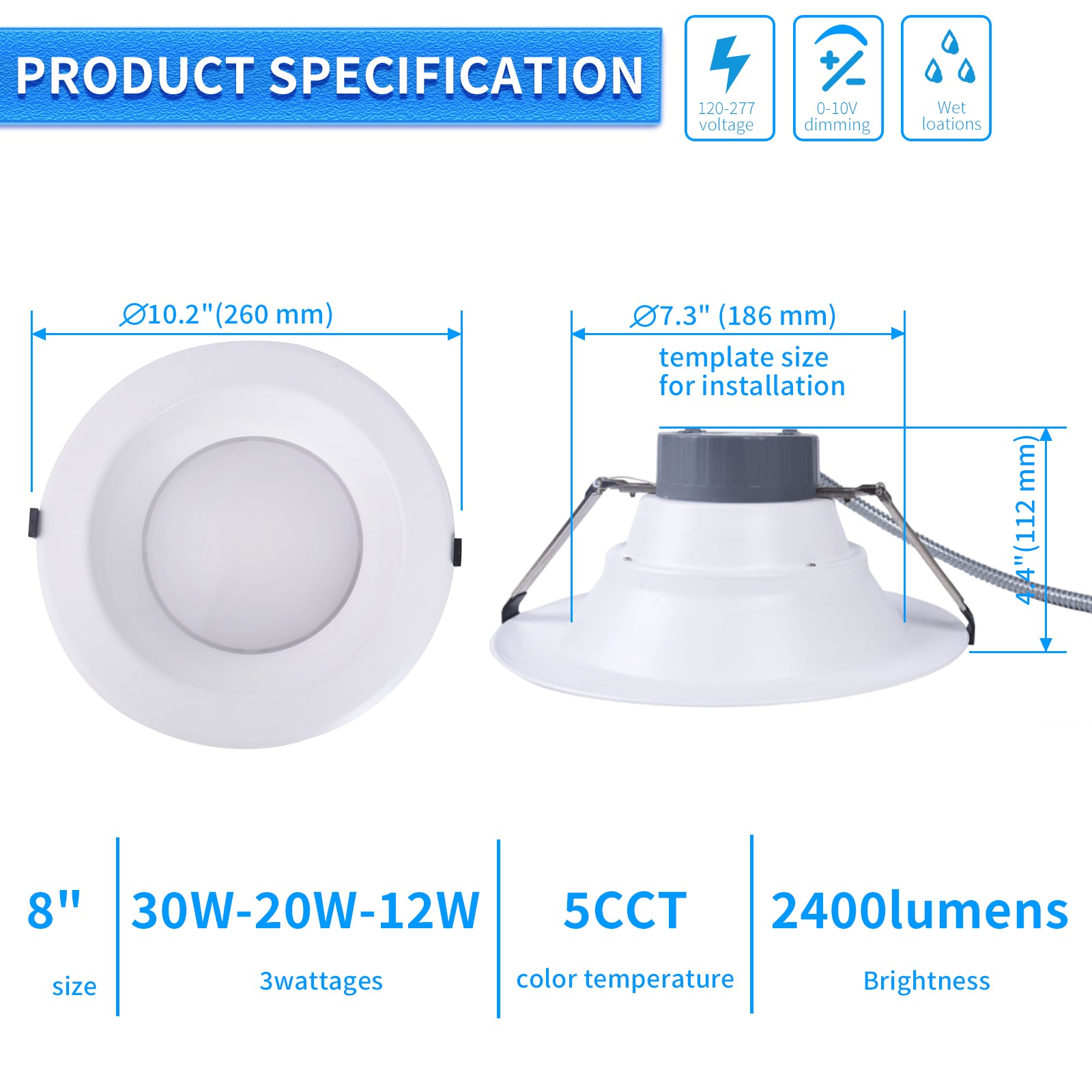 8 inch Commercial Canless LED Downlight, brightness 2400lms, Wattage Adjustable 12/20/30W, 0-10V Dimmable Recessed Ceiling Light Fixture, 5 CCT 2700K-5000K, 120-277V IC Rated UL & Energy Star