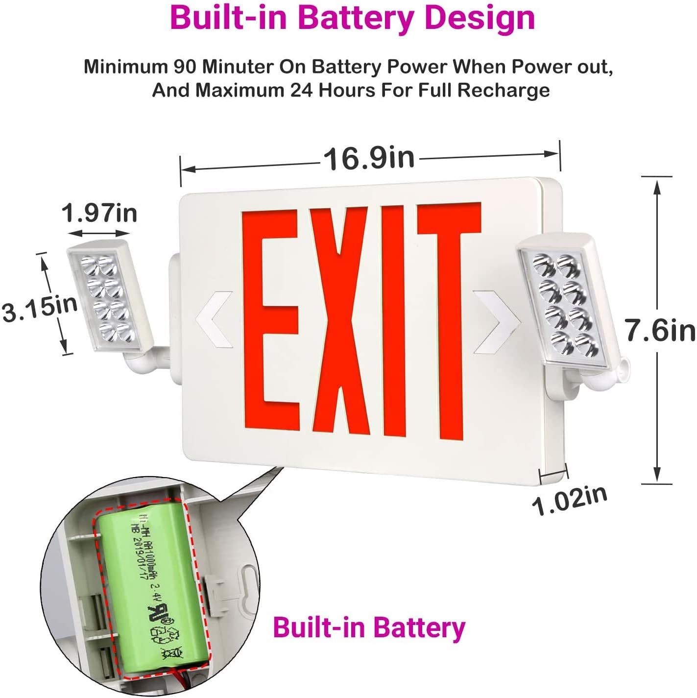 Double Sided LED Emergency EXIT Sign Combo, Two LED Lights, Backup Battery, US Standard Red Letter Emergency Exit Lighting, Commercial Grade, 120-277V, Fire Resistant (UL 94V-0)