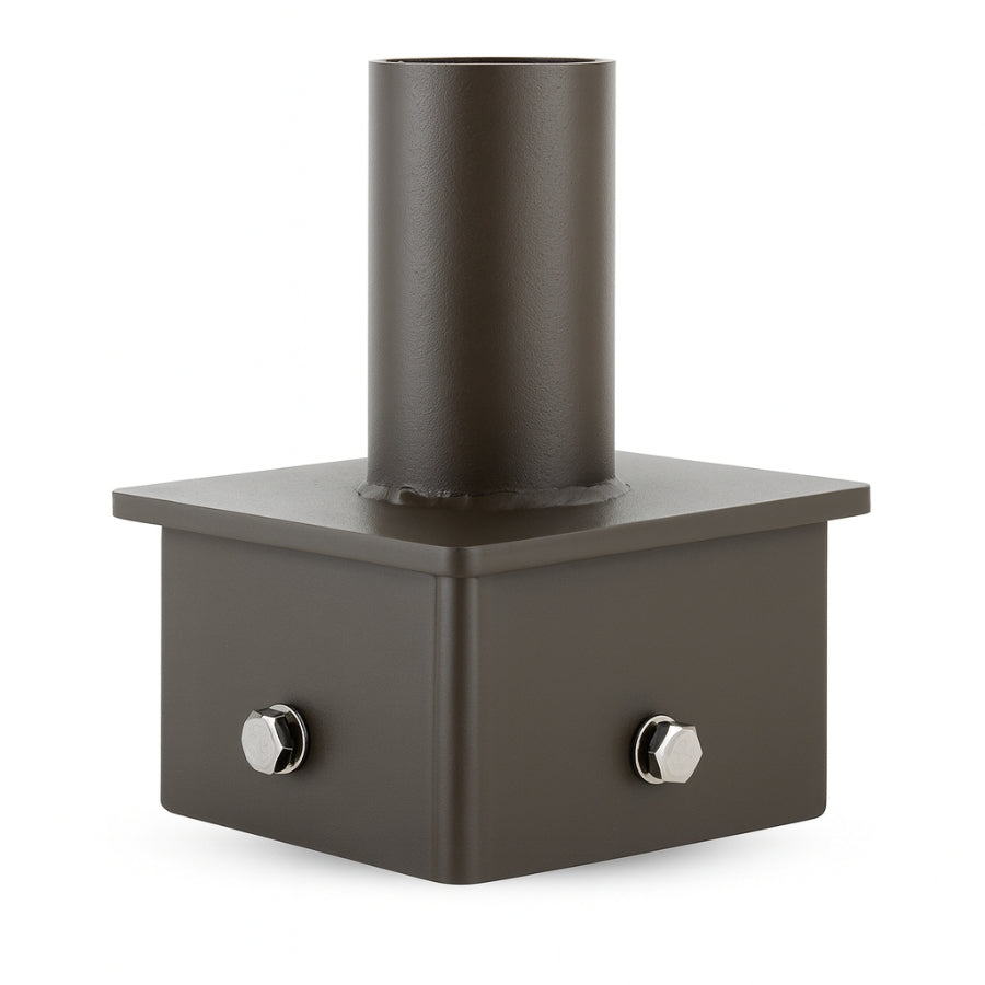 Metallic cylindrical 5 round pole tenon adapter on a square base with two knobs on a white background