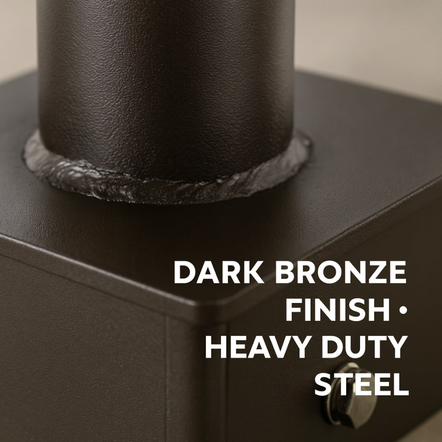 Dark bronze finish on a piece of heavy-duty steel with text overlay.