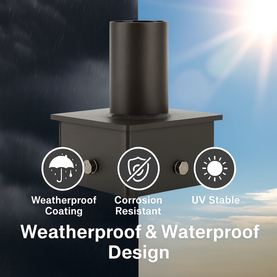 Black cylindrical object with weatherproof design features against a background of rain and sun.