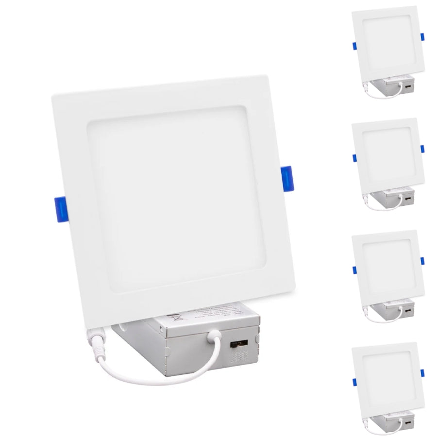 Four-pack of 6-inch slim square LED recessed lights with selectable CCT, canless design, and junction boxes included.