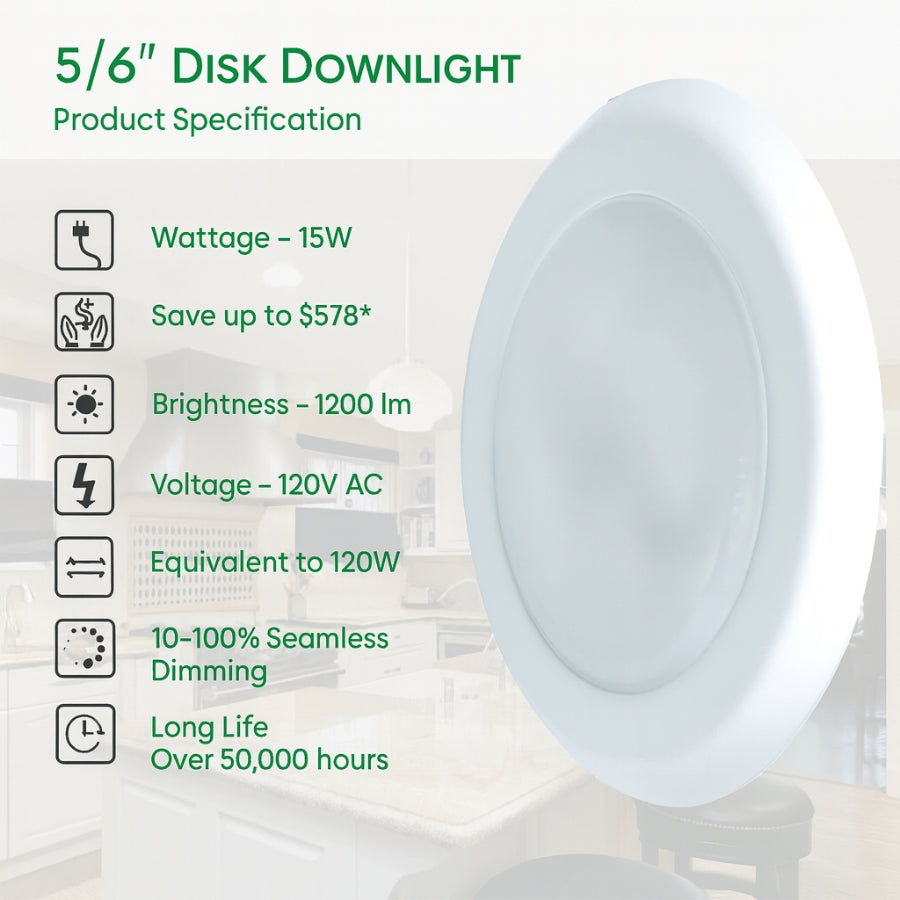 6 Inch LED Disc Light 15W 1200LM 120V Dimmable Specifications at SwitchToLED