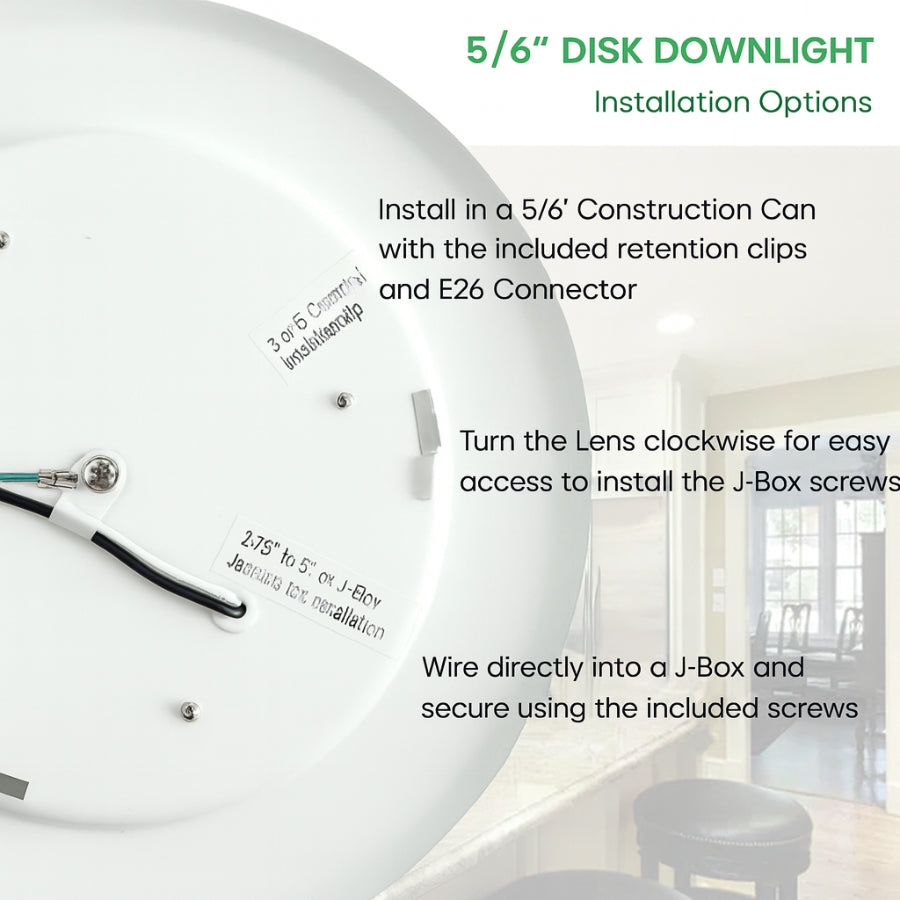 6 Inch LED Disc Light Installation Options with J-Box Wiring and E26 Connector at SwitchToLED