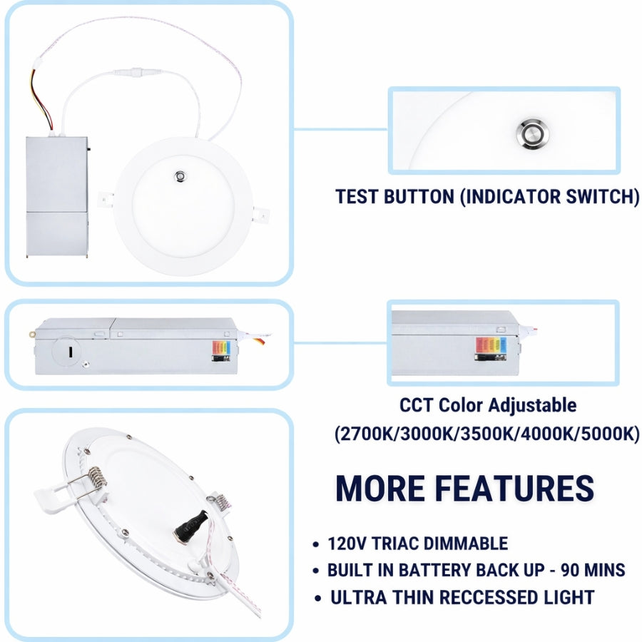 6-inch LED downlight features including 5CCT selectable, dimmable, and 90-minute emergency backup