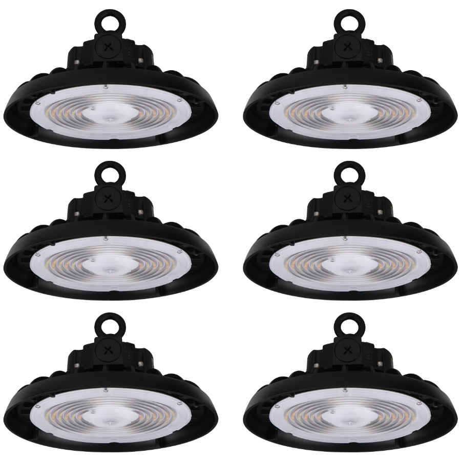 Six-pack UFO LED high bay lighting package for large warehouses, distribution centers, workshops, and manufacturing facilities.