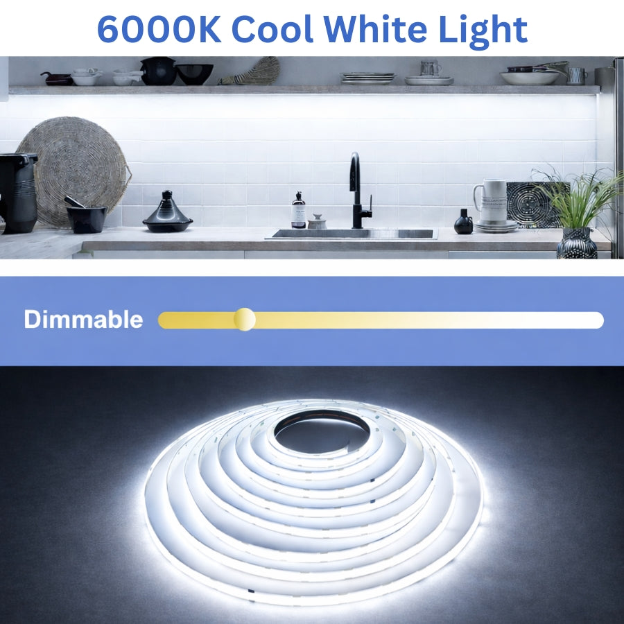 Kitchen scene with LED strip light and text indicating 6000K cool white light and dimmable feature.