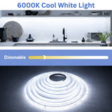 Kitchen scene with LED strip light and text indicating 6000K cool white light and dimmable feature.