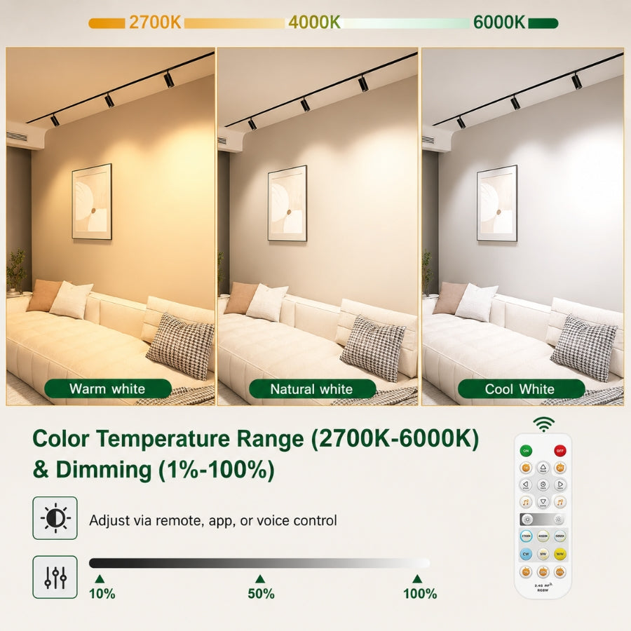 Magnetic LED spotlight offering adjustable 2700K warm white, 4000K natural white, and 6000K cool white lighting with smooth 1%–100% dimming via remote, app, or voice control.