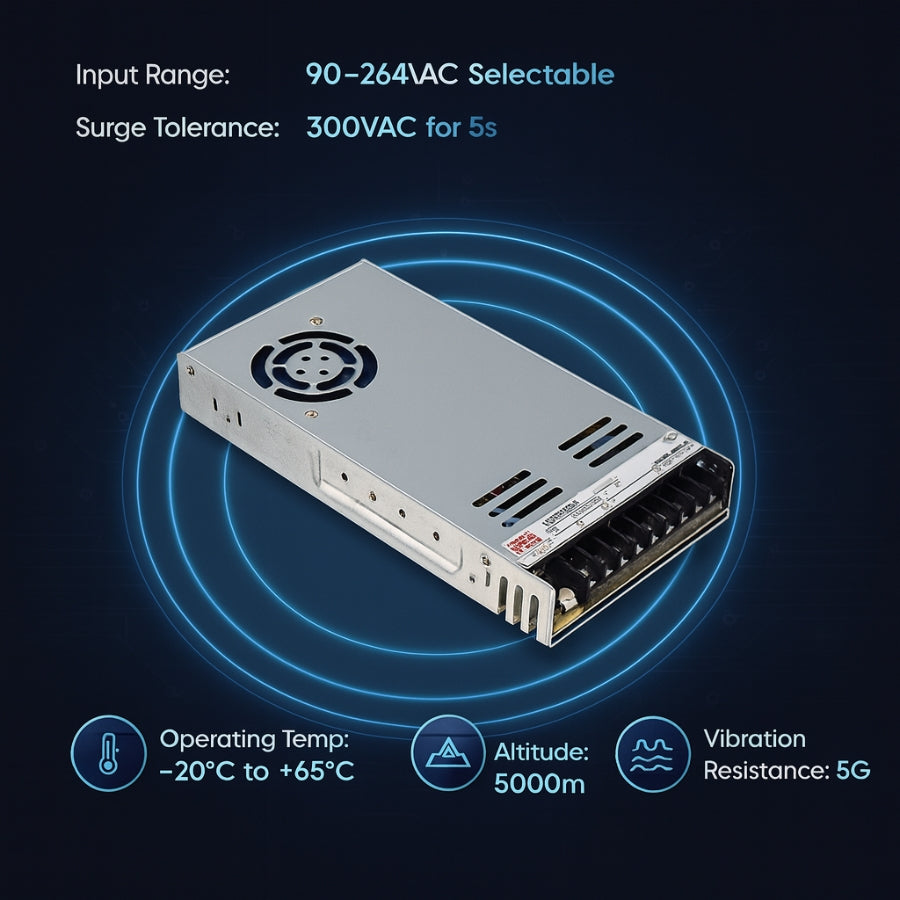 LRS-600 600W24V Single Output Switching Power Supply – 110-277V  Input, UL/CE/RoHS Certified, 86–92% Efficiency, Multi-Voltage Output, Compact 41mm Low-Profile, Industrial Grade, 3-Year Warranty