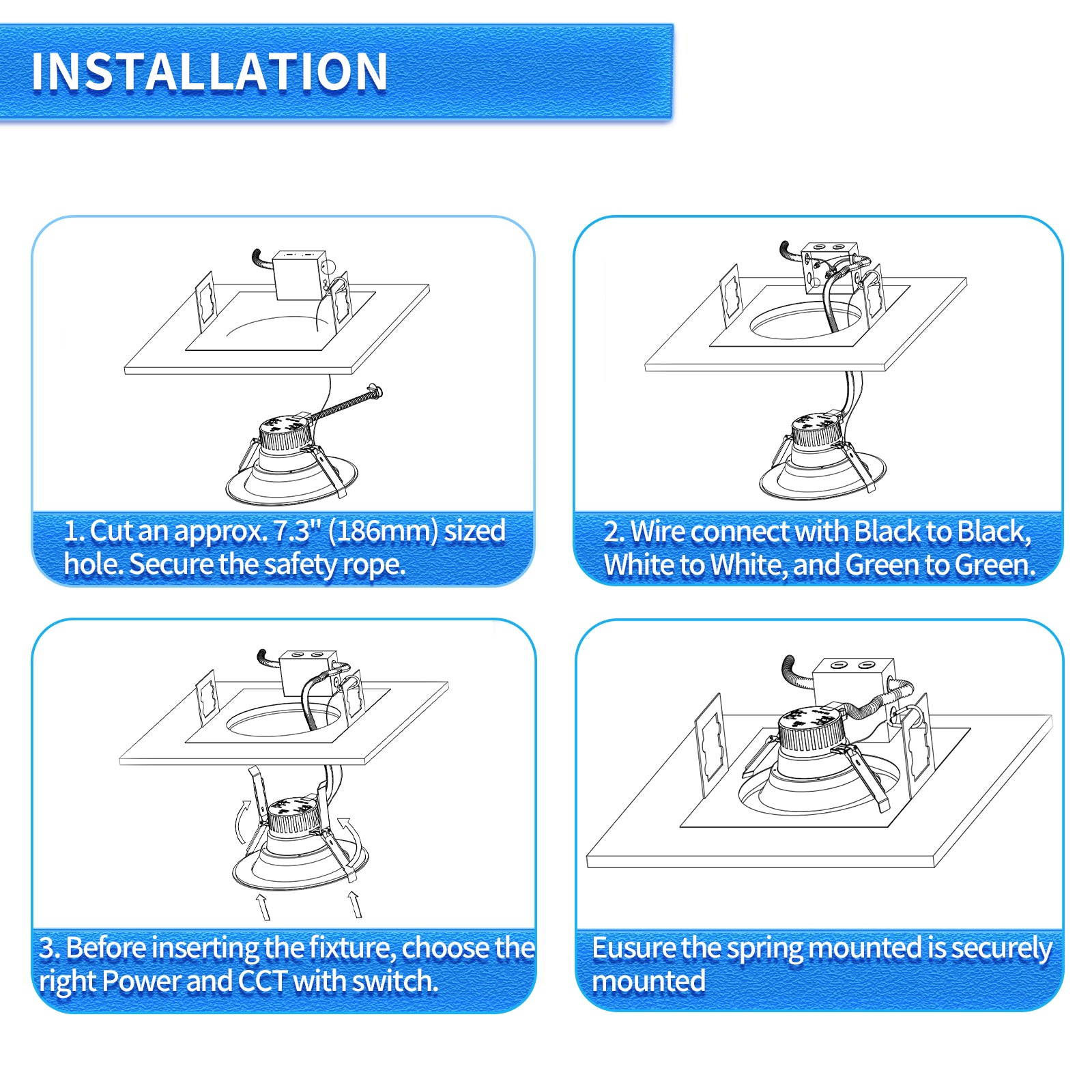 8 inch Commercial Canless LED Downlight, brightness 2400lms, Wattage Adjustable 12/20/30W, 0-10V Dimmable Recessed Ceiling Light Fixture, 5 CCT 2700K-5000K, 120-277V IC Rated UL & Energy Star