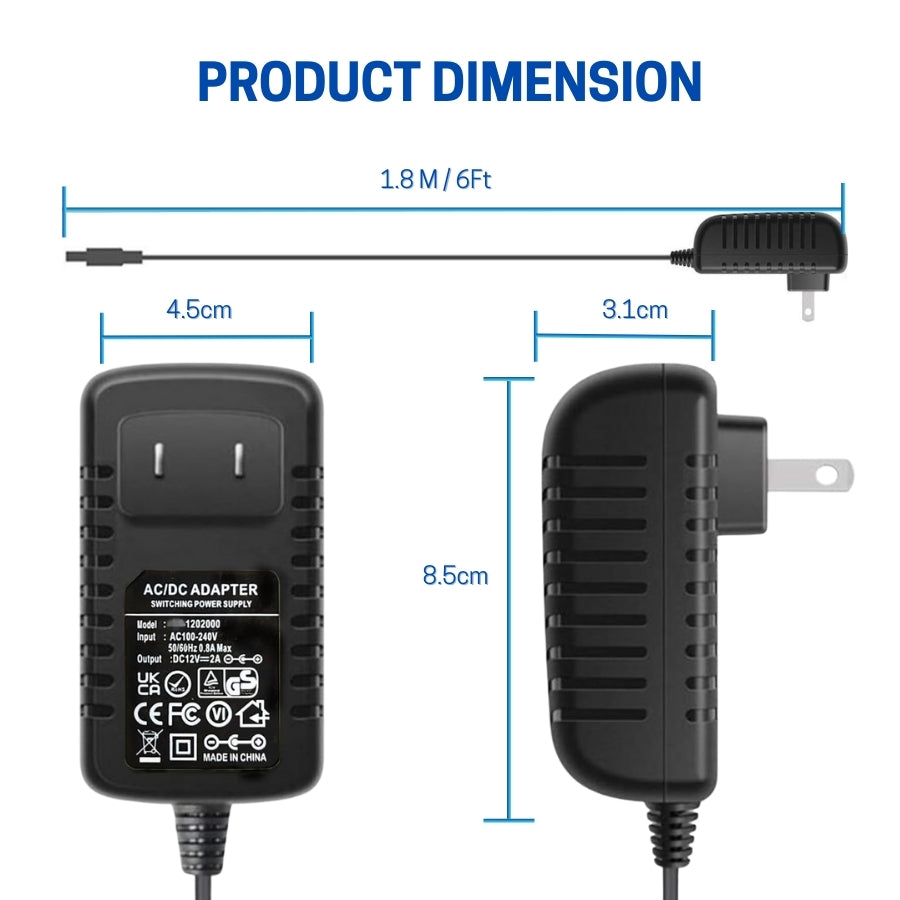 Battery Charger Power Supply – 12V 2A AC to DC Adapter, 24W Power Converter, AC110V to DC12V Transformer with 8 DC Plug Tips – Compatible with 12V 500mA to 2000mA Devices