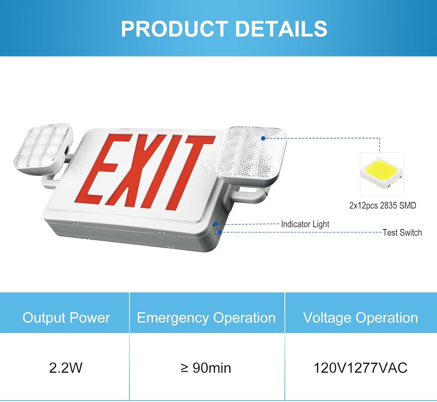 Double Sided LED Emergency EXIT Sign, Remote Capable, Two LED Flood Lights, Backup Battery, US Standard Red Letter, Commercial Grade, 120-277V, FireResistant(UL 94V-0)