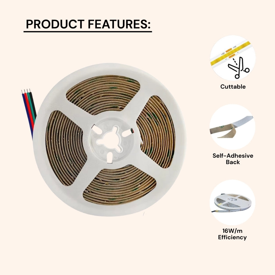 16FT (5M) COB RGB LED Strip Light – 12V – 840 LEDs/m – Indoor Use – Color Changing