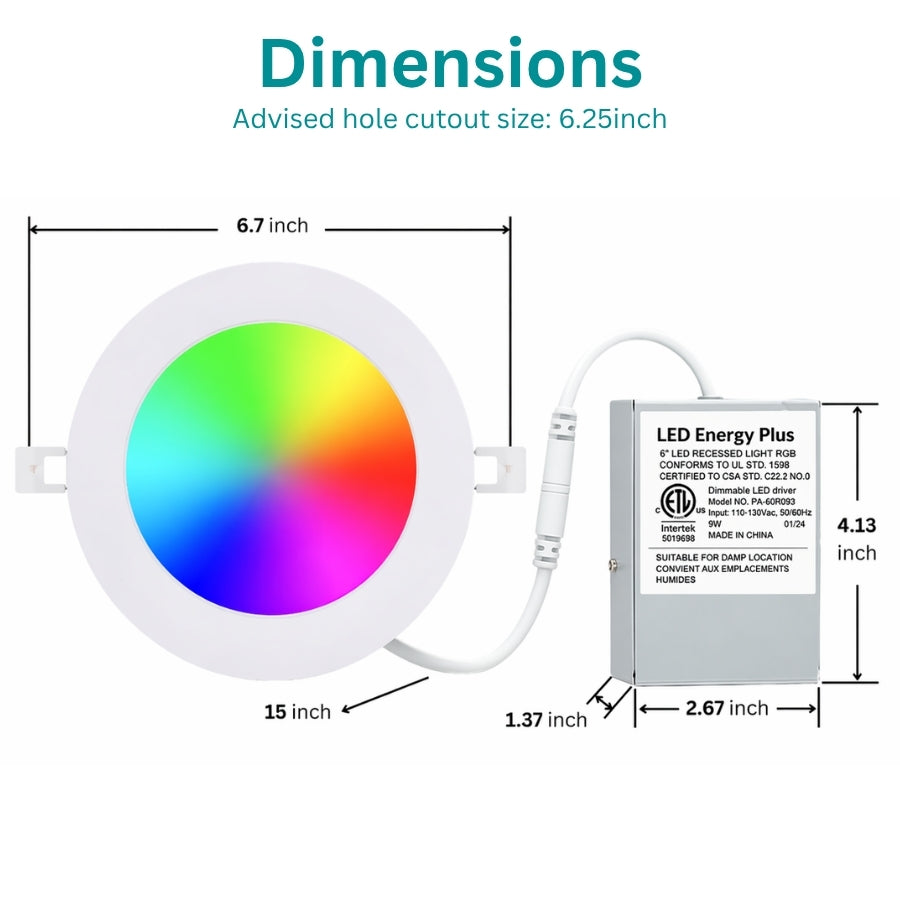 Dimension diagram of 6-inch smart recessed LED downlight with measurements for fixture and junction box.