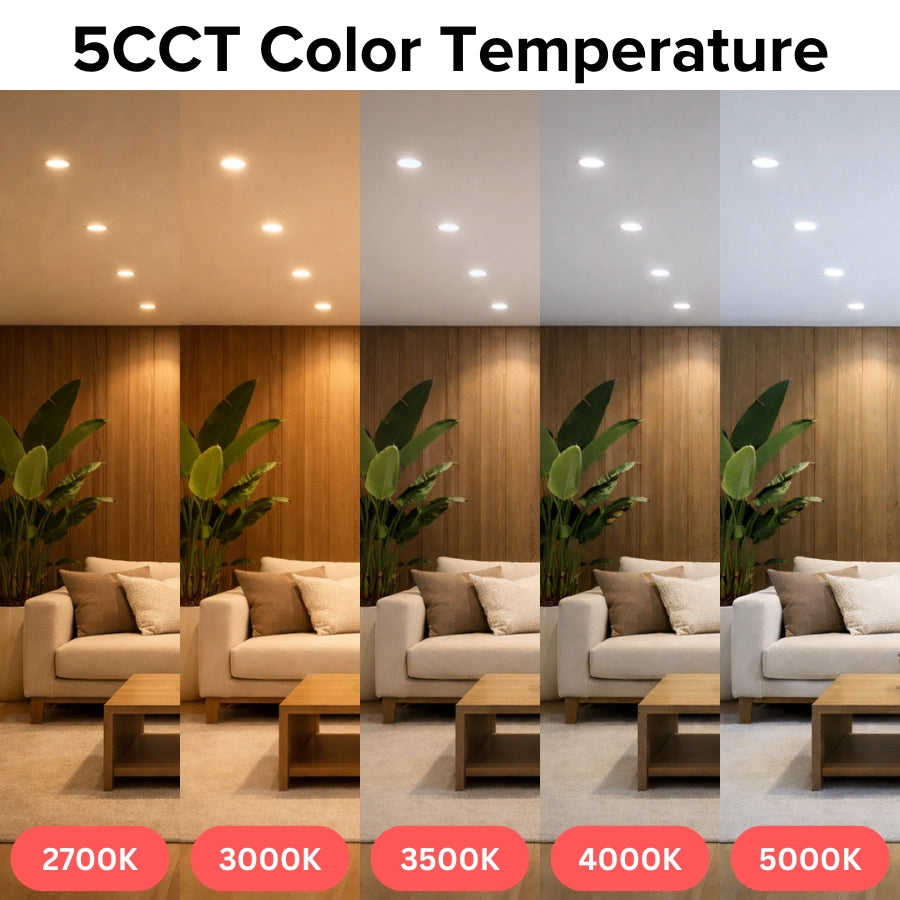 6 inch LED recessed light showing 2700K to 5000K color temperature options for different room settings