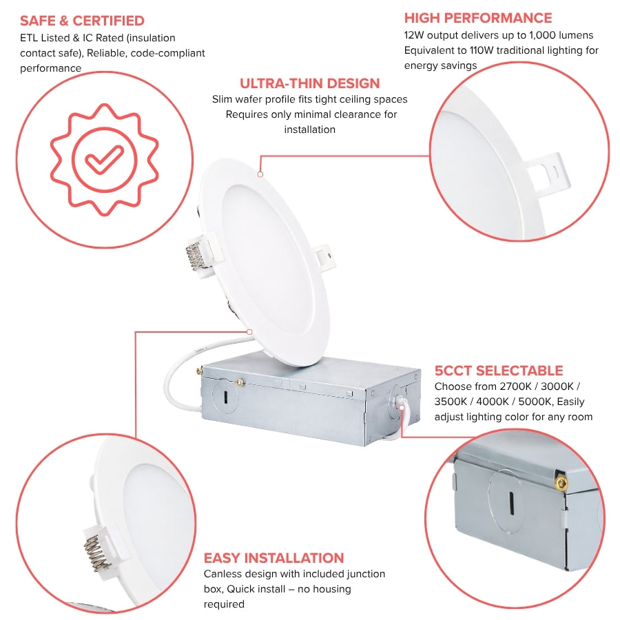 6 inch LED recessed light features including 5CCT selectable color temperature and easy installation