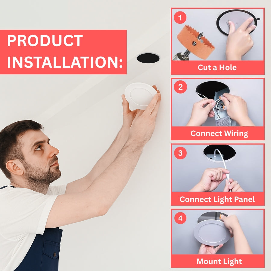 step by step installation of 6 inch LED recessed ceiling light with junction box and spring clips