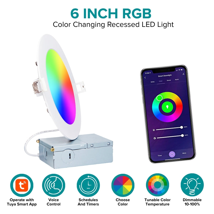 6-inch RGB LED recessed light with smartphone app interface for color selection, brightness control, and smart features.