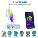 6-inch RGB LED recessed light with smartphone app interface for color selection, brightness control, and smart features.