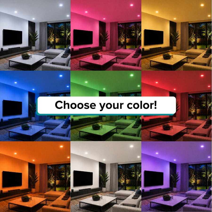 Multiple lighting color variations displayed for smart RGB recessed LED downlights in a modern living room.
