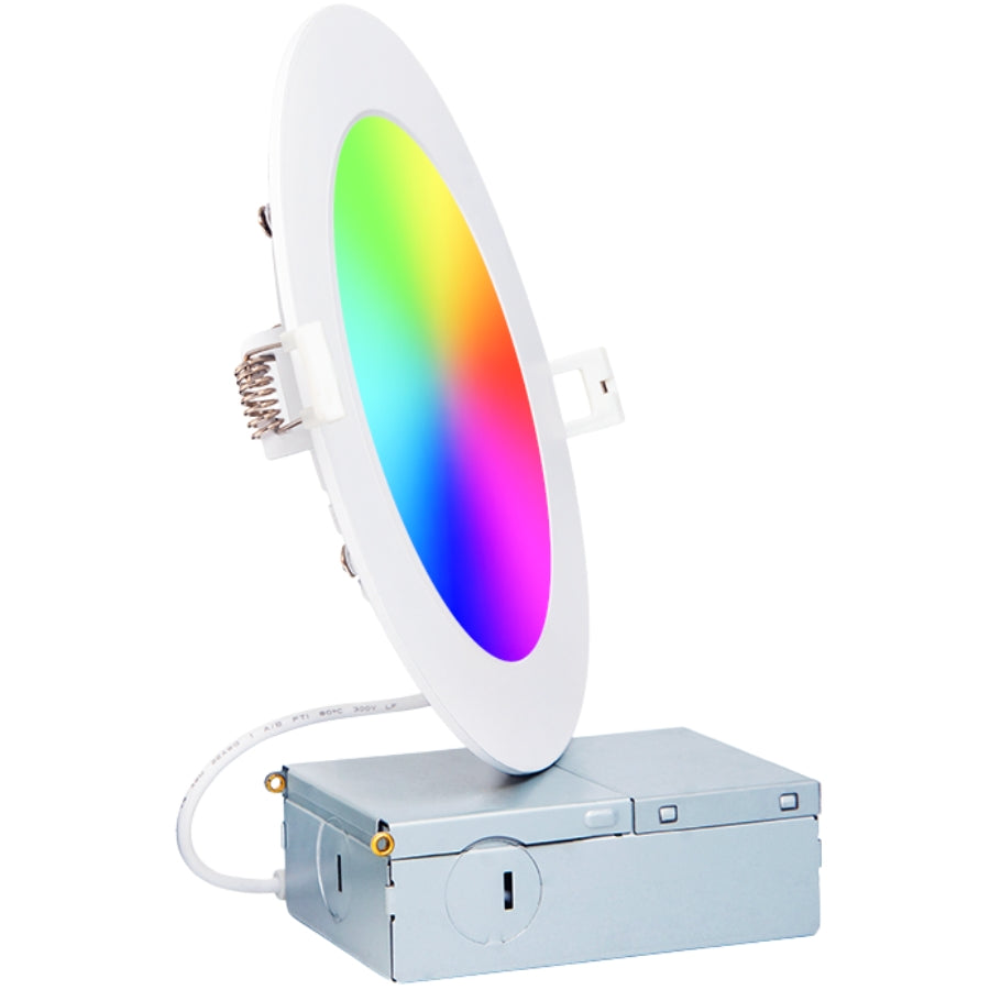 Single 6-inch smart RGBW recessed LED downlight with color-changing feature, dimmable lighting, and Tuya app voice control compatibility.