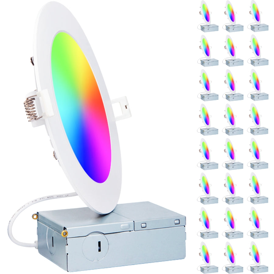 Twenty-four pack of 6-inch smart RGBW recessed LED lights designed for large spaces with app control, dimming, and 16 million color options.