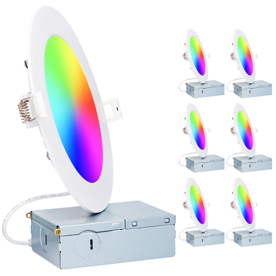 Six-pack of 6-inch smart RGBW recessed LED downlights with multicolor options, app control, and dimmable ceiling lighting.